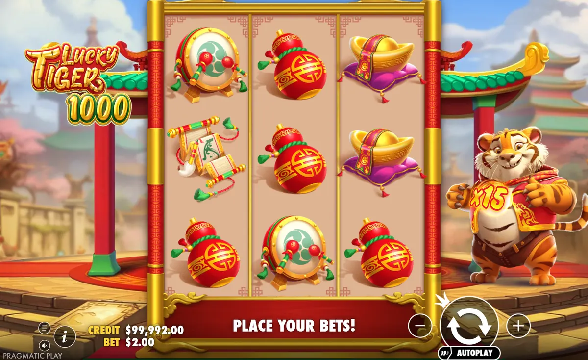 Pantalla de juego de la tragamonedas Lucky Tiger 1000 con la cuadrícula 3x3 y el tigre