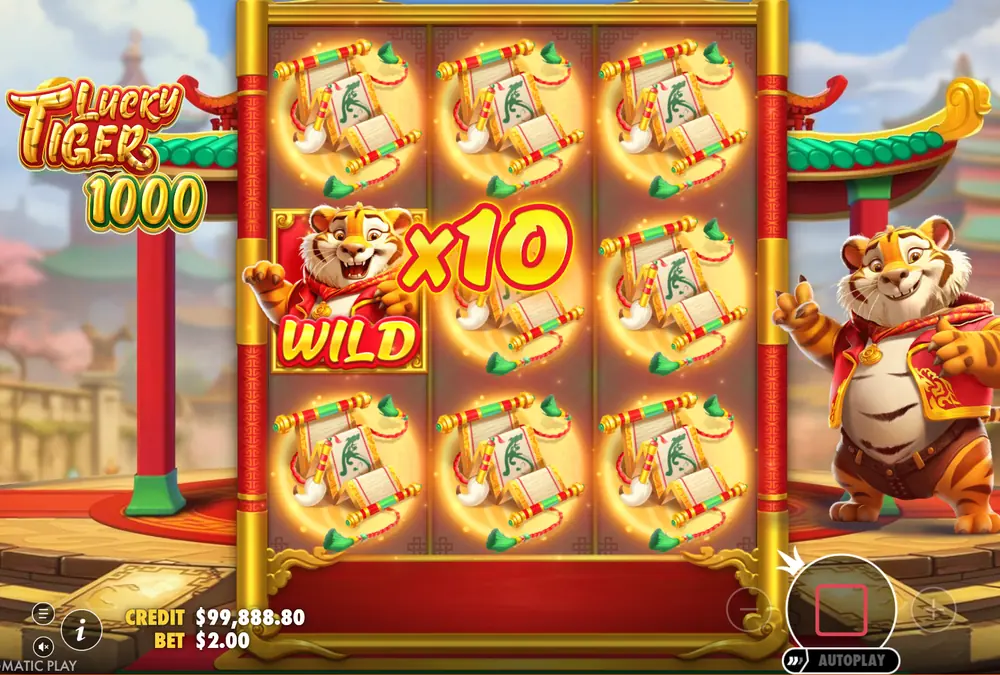 Pantalla completa de pergaminos con un Wild y el multiplicador x10 en Lucky Tiger 1000
