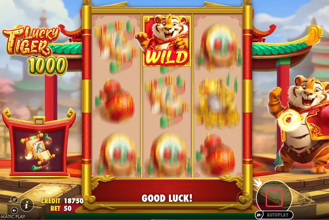 Función Respin de Lucky Tiger 1000 con el pergamino elegido a la izquierda y un Wild en el rodillo central